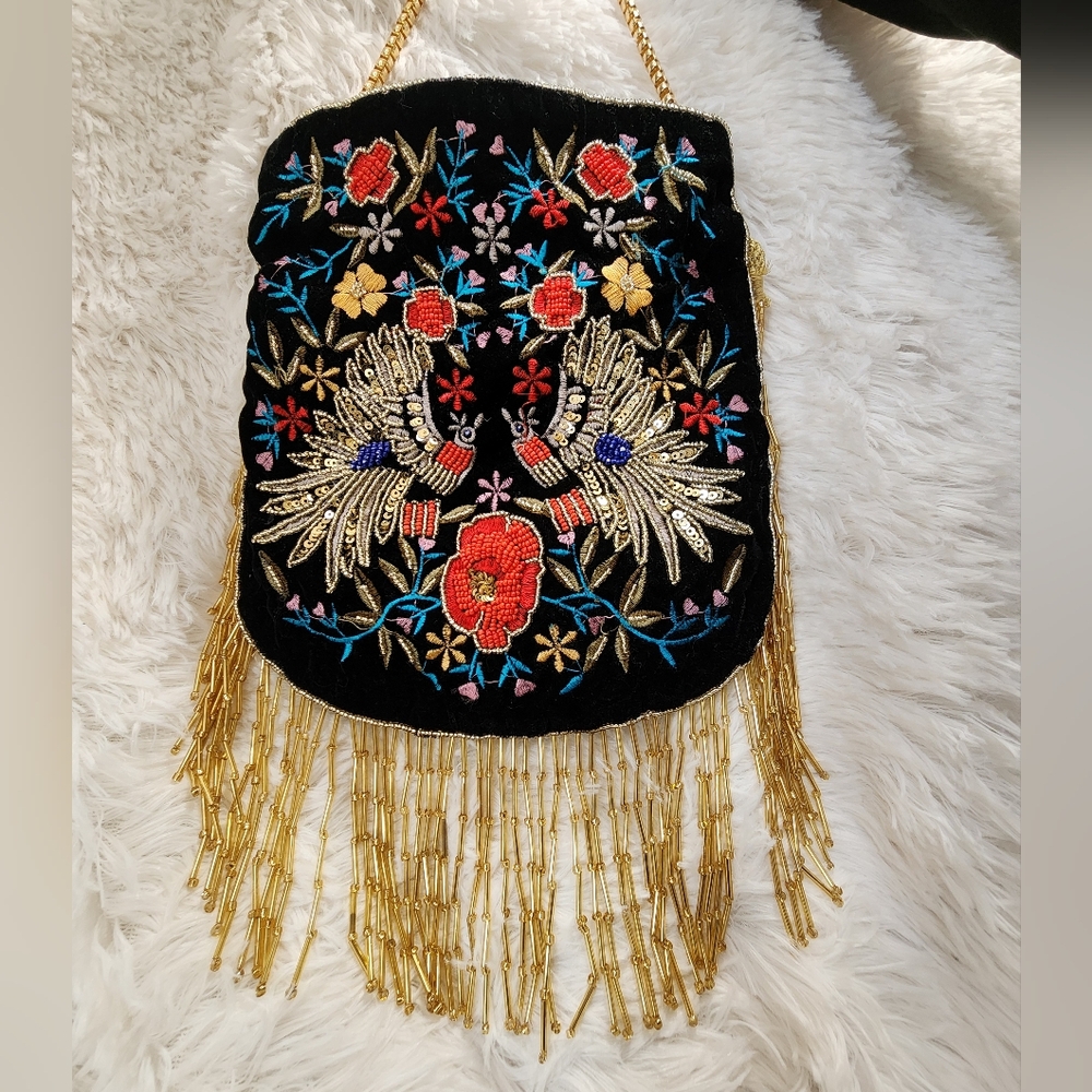 RAMLA Black Embroidered Floral Pouch Bag -EUC Handmade with ♥️